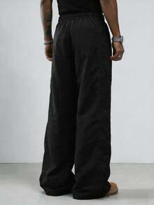 Pantalones casuales para hombres, diseño de rayas rectas, dobladillo con cordón, tela de nailon de secado rápido, pantalones anchos de corte holgado - Negro - Ver 8