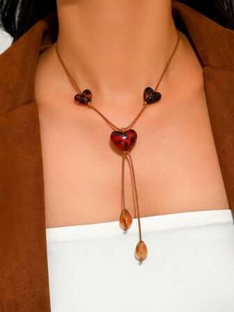 1件波西米亚风新款，人造珍珠流苏DIY编织花苞造型，串珠蝴蝶结吊坠，树脂水滴，豹纹心形，金色链条，Y型项链，橙色人造珍珠串珠编织，人造珍珠串珠双D形吊坠手工珠宝项链，特别适合搭配连衣裙、吊带裙，性感节日派对礼物