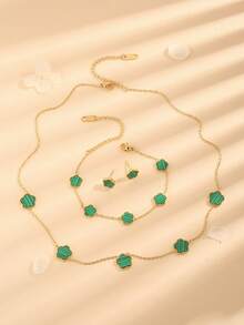 4 件装不锈钢植物与人造珍珠母贝五瓣花耳环手链项链套装情人节、妈妈、母亲、母亲节、礼物