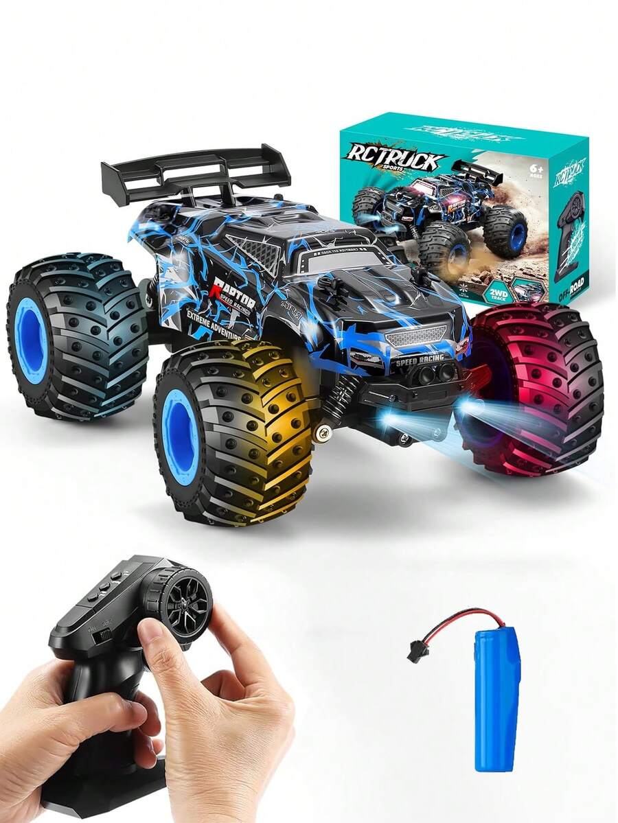 1辆2.4GHz高速遥控怪兽卡车，1:18比例，时速20公里/小时，全地形遥控车，带前灯和彩色车身灯，速度可调，带车壳，3.7V可充电电池，适合3岁以上儿童，可作为入门级遥控车礼物，适合圣诞节、万圣节、生日等场合（蓝/绿）