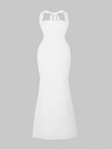 Glamful Solid Color Elegant French Style Graceful Halter Flowy Maxi Dress, Suitable For Vacation, Resort, Dating, Wedding, Wedding Party, Wedding Guest - White - View 8