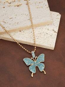 1件复古百搭优雅宫廷风田园甜美低饱和度蝴蝶吊坠项链 - 淺藍色 - 查看 2