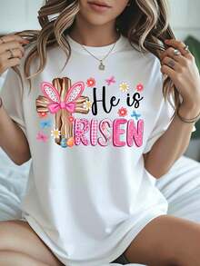 He Is Risen Easter Cross T Shirt With Pink Bow And Flowers Christian Spring Holiday Tee For Women - White - View 1