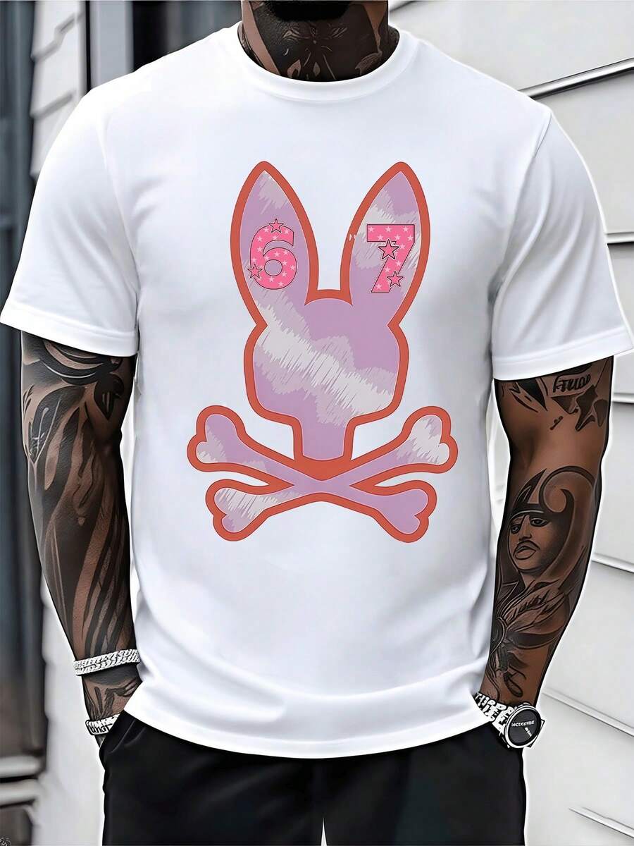 Graphic Bunny Skull Digital Printed T Shirt 220g 1Pcs Streetwear Men's Casual 100% Cotton Tee Summer Fashion Top - White - View 1