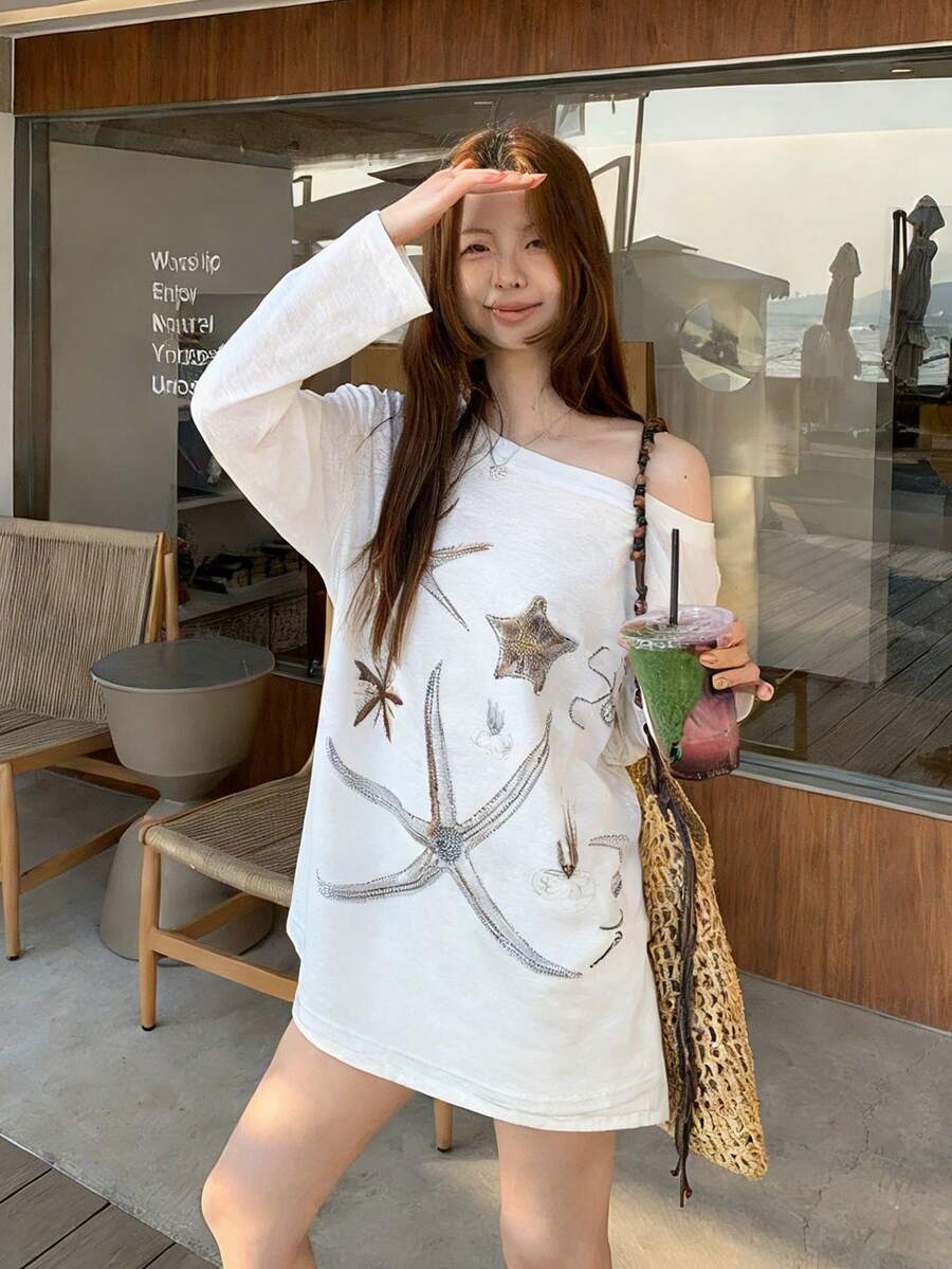 轻薄透气的海星印花宽松长袖T恤，休闲时尚 - 白色 - 查看 1