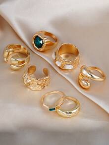 7件套不对称水钻镶嵌开口戒指套装，超大仿宝石戒指，适合女性日常、约会、派对、音乐节叠戴