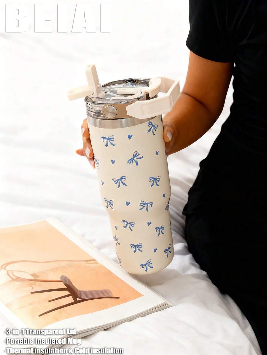 1pc 900ml Cute Bow Pattern Double Wall Stainless Steel Insulated Tumbler, Flat Bottom Cup, Coffee Cup, Car Cup, Cup, Water Bottle, Outdoor Water Bottle, Tea Cup, Vacuum Bottle, With Drinking Spout And Straw Design, Suitable For Outdoor, Office, Home, School, Car, Gym, Travel, Birthday Gift, Holiday Gift, Mother's Day Gift, Father's Day Gift, Back To School, Valentine's Day Gift - Multicolor - View 1