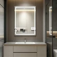 Espejo de baño táctil inteligente con luz led, espejo cuadrado, botón de ajuste de temperatura tricolor libre de toque con un solo clic, función inteligente antiniebla, pantalla de función de memoria de tiempo, 70 * 50 cm, montado en la pared, adecuado para duchas, dormitorios, Cosméticos - Blanco - Ver 1