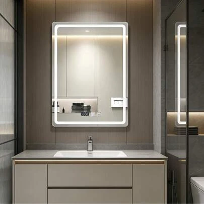 Espejo de baño táctil inteligente con luz led, espejo cuadrado, botón de ajuste de temperatura tricolor libre de toque con un solo clic, función inteligente antiniebla, pantalla de función de memoria de tiempo, 70 * 50 cm, montado en la pared, adecuado para duchas, dormitorios, Cosméticos