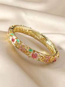 rundraw 1pc Fashionable New Bohemian Style Gold-Plated Enamel Bangle, Suitable For Girls And Women
