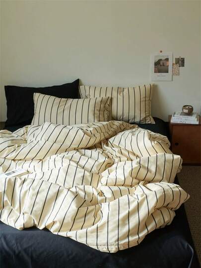 3pcs 100% Cotton Nordic Style Versatile Striped Cotton Bedding Set, 2 Pillowcases + 1 Duvet Cover