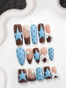10pcs/Set Retro Sweet Style Gel Nail Stickers, Acrylic Press-On Nails, White 3D Star, Bow Nail Decor, Chocolate Polka Dot Pattern, Hand-Painted Blue Star Nail Art, Brown & Blue Nail Polish, Great Gift For Women & Girls, Nail Tools Included Nail Supplies Handmade Press On Nails - 彩色 - 查看 1