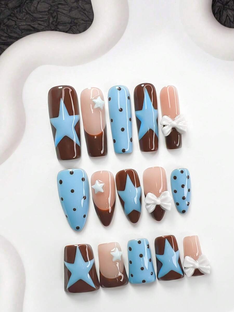 10pcs/Set Retro Sweet Style Gel Nail Stickers, Acrylic Press-On Nails, White 3D Star, Bow Nail Decor, Chocolate Polka Dot Pattern, Hand-Painted Blue Star Nail Art, Brown & Blue Nail Polish, Great Gift For Women & Girls, Nail Tools Included Nail Supplies Handmade Press On Nails - 彩色 - 查看 1