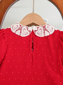 Young Girls' Valentine's Day Solid Color Heart Ruffle Collar Puff Sleeve Dress - Red - View 9