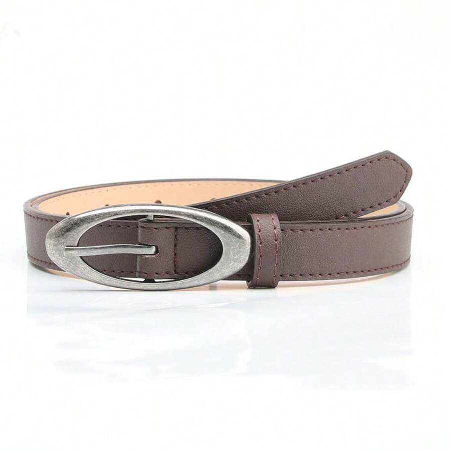 New Oval Ancient Silver Alloy Buckle Belt For Women's Fashionable Personality Casual Versatile Jeans Decorative Belt - 咖啡 - 查看 1