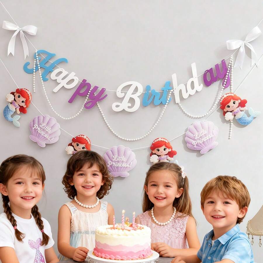 儿童女孩美人鱼主题生日派对装饰，海洋珍珠贝壳背景墙挂横幅 - 彩色 - 查看 1