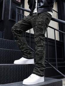 Men's Flared Jeans, Slim Fit Distressed Flare Leg Jeans, Y2K Stacked Jeans, Contrast Wash Embroidered Jeans, Suitable For All Seasons