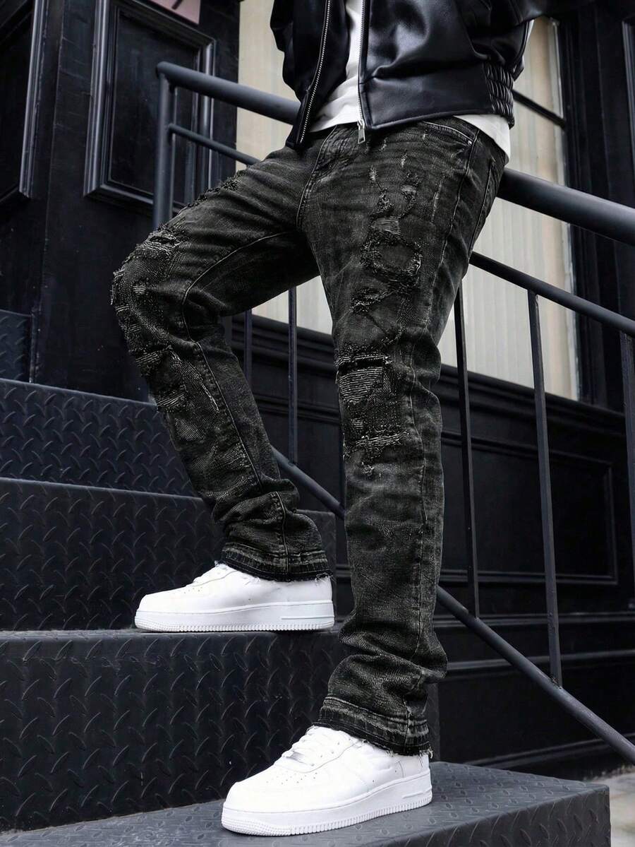 Men's Flared Jeans, Slim Fit Distressed Flare Leg Jeans, Y2K Stacked Jeans, Contrast Wash Embroidered Jeans, Suitable For All Seasons