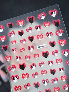 1片可爱猫咪浮雕美甲贴纸，自粘亮面美甲装饰，红色爱心图案，卡通主题，不对称形状，适合女性一次性DIY美甲沙龙用品美甲贴纸 - 彩色 - 查看 4