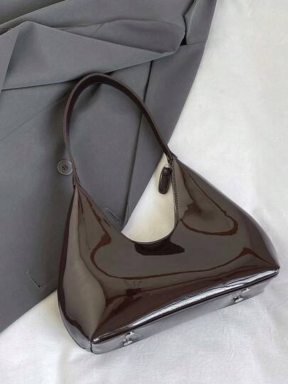 Korean Red Patent Leather Crescent Moon Shaped Shoulder Bag, Stylish Underarm Bag For Women