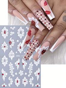 2 piezas Pegatinas de uñas 5D con elegantes pétalos blancos, diseño de joyería con flores rojas y cristales, decoración de uñas autoadhesiva para regalo de mujeres y niñas, suministros para manicura de salón - Multicolor - Ver 5