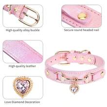 Läderhalsband för hundar med hjärtformat kristallhänge, lämpligt för små hundar, katter och hundar. Sött halsband för husdjur med glänsande kristallhänge - Rosa - Visa 8