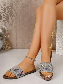 Dép lê thời trang nữ, kiểu dáng slip-on, mặt trên lấp lánh, đế bằng chống trượt, dép cho bé gái, thích hợp sử dụng trong nhà, phòng khách, phòng ngủ, phòng tắm, ngoài trời, bãi biển, tiệc tùng. - Bạc - Xem 2