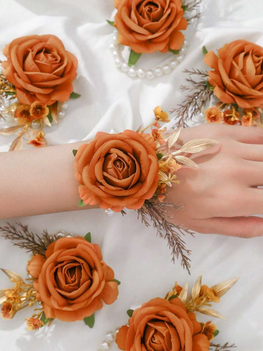1pc/6pcs Luxury Princess Rose Flower With Faux Greenery & Pearl Bracelet, Suitable For Bride, Groom, Bridesmaids, Weddings, Engagements, Parties, Events