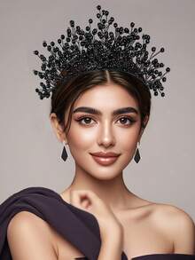 1件手工珍珠皇冠发箍，优雅新娘头饰，适合婚礼、约会、节日礼物、舞会、休闲派对、嘉年华、女士发饰 - 黑色 - 查看 11