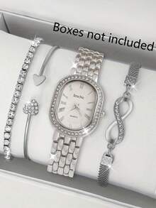 4件套女士银色不锈钢表带时尚休闲经典罗马数字刻度表盘石英表手链首饰套装，适合日常佩戴、装饰、赠送朋友或作为节日礼物。