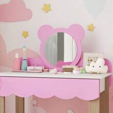 Children's Dressing Table Set With Stool, Makeup Mirror, Bear Shape, Drawer, MDF, Pink