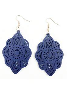 1 Pair Wooden Lace Pattern Carved Pendant Earrings - Royal Blue - View 8