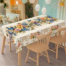 1件装2D复活节田园风格白色花朵蓝色蝴蝶米色桌布，有长方形和正方形两种形状可选。适用于客厅、餐厅和户外区域；厨房、餐桌、会议桌、茶几和梳妆台。 - 彩色 - 查看 1