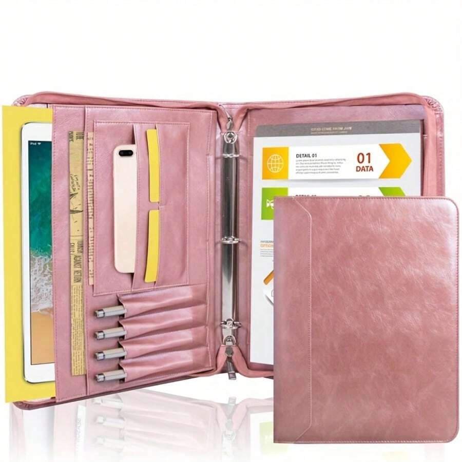 Women Portfolio, Zipper Binder Portfolio For Women, 3 Ring Binders 1 Inch, PU Leather Padfolio Folder, Business Portfolio Organizer With A4 Legal Pads, Thin PU Leather Professional Binder, Gift For Her - 玫瑰金 - 查看 1