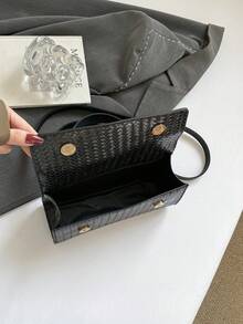 New Solid Color Woven Diagonal Zipper Crossbody Bag, Shoulder Bag, Baguette Bag, Evening Bag, Party Bag - Black - View 12