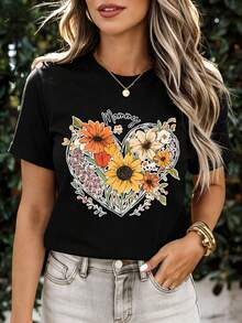 Floral Heart Print T-Shirt Black Mommy Text And Colorful Flowers Design For Casual Wear And Motherhood Celebration - Black - View 1