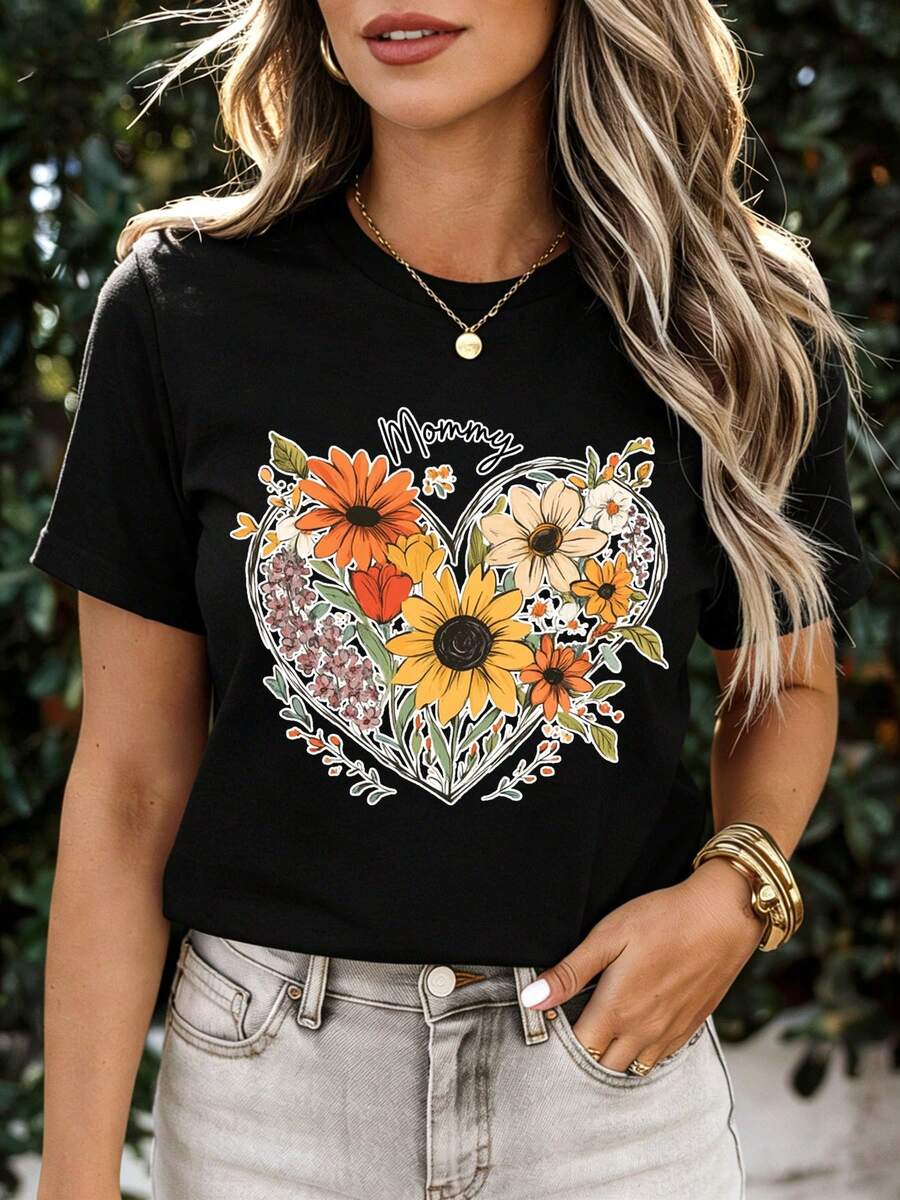 Floral Heart Print T-Shirt Black Mommy Text And Colorful Flowers Design For Casual Wear And Motherhood Celebration - Black - View 1
