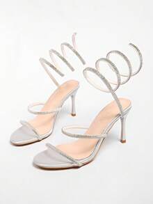 2026新款水钻蛇形透明绑带凉鞋，女士性感黑色细高跟鞋 - 銀色 - 查看 4