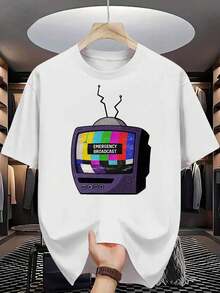 Camiseta Casual de Manga Corta para Hombre - Impresión de Tiburón y Gato de Dibujos Animados, Tela Transpirable, Ropa de Calle Cómoda para el Verano, Cuello Redondo, Ajuste Regular, Camiseta de Uso Diario| Camiseta gráfica divertida| Ajuste cómodo - Blanco - Ver 2