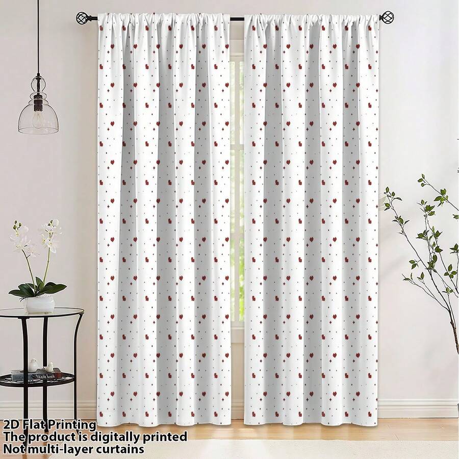 2pcs 2D White Background Wine Red Heart Dot Pattern Curtain, Sweet & Romantic Style, Polyester Fiber Material, Suitable For Rental House, Living Room, Bedroom, Removable And Machine Washable - Multicolor - View 1