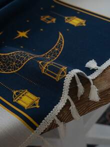 Bubaba 1 pieza Camino de mesa azul con estampado de estrellas y lunas, mantel de estilo bohemio con flecos en color crema-blanco, reutilizable y lavable, adecuado para cocina, comedor, sala de estar, dormitorio, mesas de hotel, decoración de Ramadán