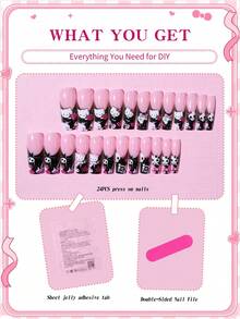 Sanrio 萬聖節 Evil Hello Kitty 24片中號方型 3D 凝膠亮片法式穿戴短甲，含 Hello Kitty、Kuromi、星星、蝴蝶結與幽靈裝飾，亮片設計，完美貼合的壓克力假指甲套組，含 1 片果凍膠與 1 個指甲锉 - 彩色 - 查看 5