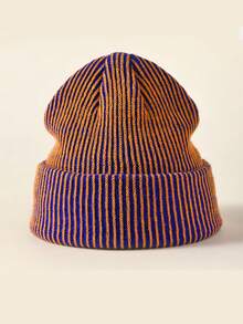 1pc Fashionable Striped Short Beanie Hat, Casual Warm Accessory For Autumn/Winter Outfits - Multicolor - View 10