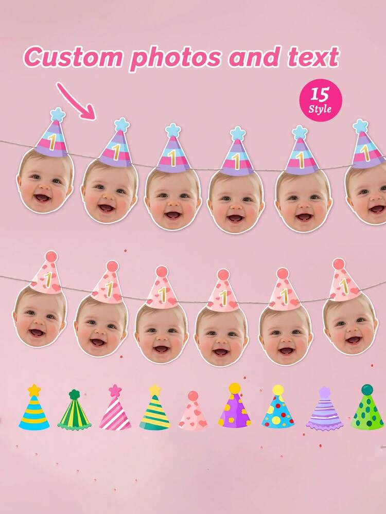 7/14/21 peças Faixa Personalizada de 1º Aniversário - Guirlanda de Fotos Personalizada, Faixa de Foto de Feliz Aniversário Personalizada, Bandeirola de Aniversário, Faixa de Fotos, Faixa de Rosto de Aniversário, Festa de 1º Aniversário, Faixa de Festa de Rosto, Para Família - céu azul - Visão 2