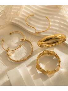 5件套复古夸张几何多层缠绕式开口手镯套装，适合女性日常及派对佩戴，礼品 - 金色 - 查看 4