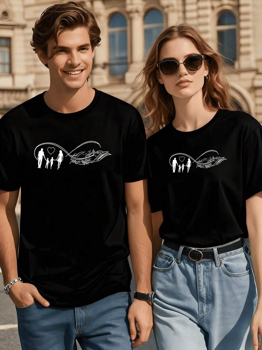 Símbolo de infinito que une una familia tomada de la mano con un corazón y una pluma que representa amor eterno unión y esperanza camiseta de hombre para pareja 220g 100% algodón - Negro - Ver 1