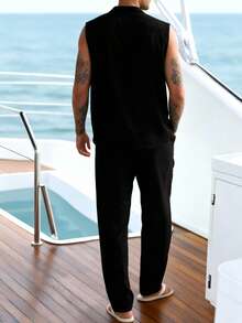 Bộ đồ nam bằng vải lanh nhẹ, kiểu dáng thường ngày, gồm áo sơ mi cổ bẻ và quần, thích hợp cho mùa hè. - màu đen - Xem 2