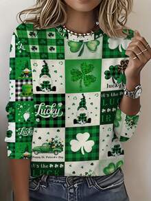 Women'S Plus Size Floral Print Long Sleeve T-Shirt - All-Over Pink & Green Floral Pattern Round Neck Blouse, St. Patrick'S Day Shamrock & Design, Machine Washable Regular Fit Casual & Semi-Formal Layering Top For Year-Round Wear - Mixed Color - 查看 4