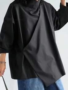 女士加大码休闲时尚高领宽松衬衫，纯色梭织面料，纽扣闭合，适合休闲办公、日常通勤、机场穿着，春秋季黑色 - 黑色 - 查看 5