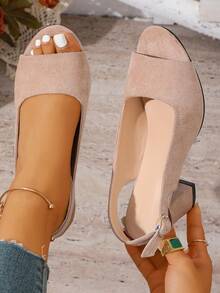 9cm Thick Heel Women's Classic Peep Toe Sandals With Ankle Strap, Faux Suede Material, High Quality